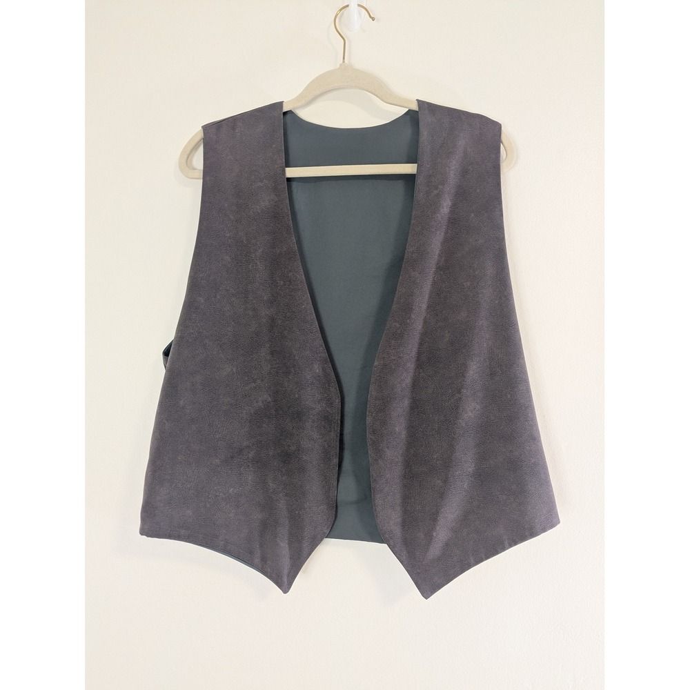 Vintage Style Charcoal Gray Faux Suede Open Front Vest with Gold Back‎ Cinch